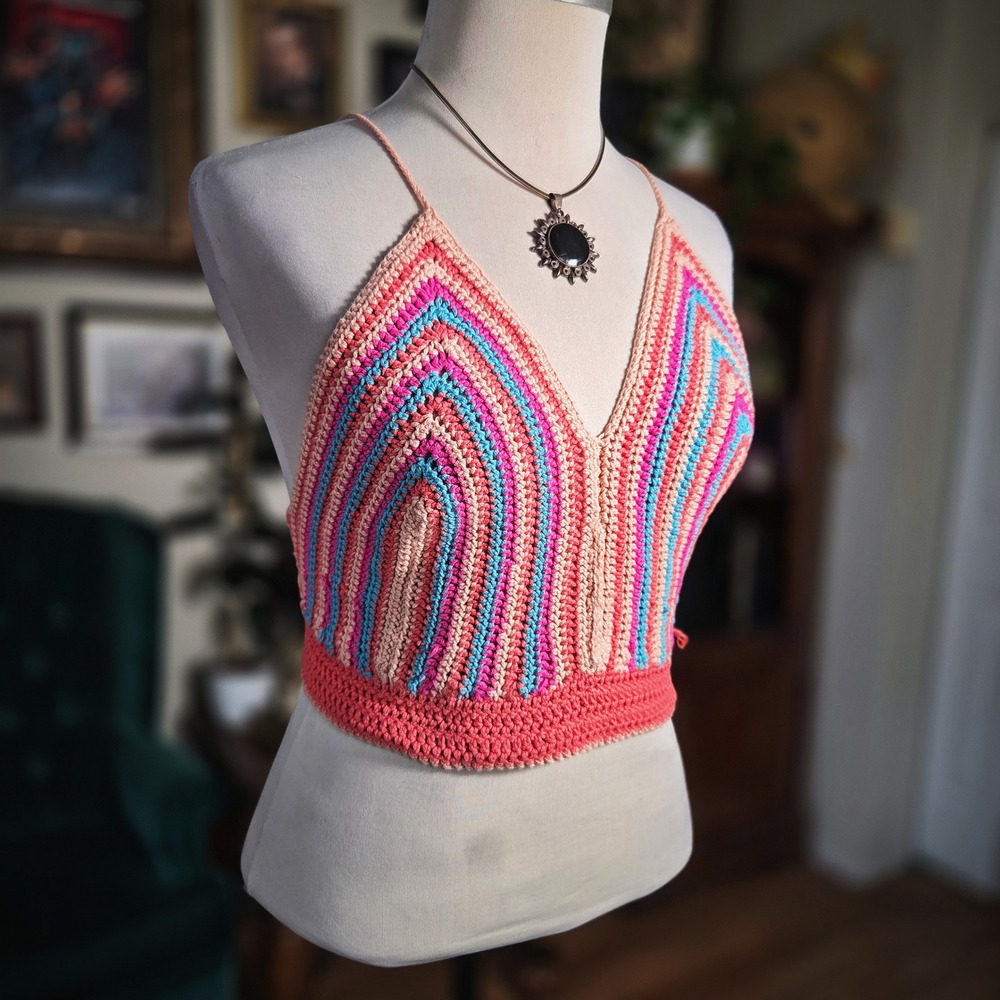 Crochet Crop Top Handmade Pink Striped Festival Boho Halter‎ V-Neck Hippie Small